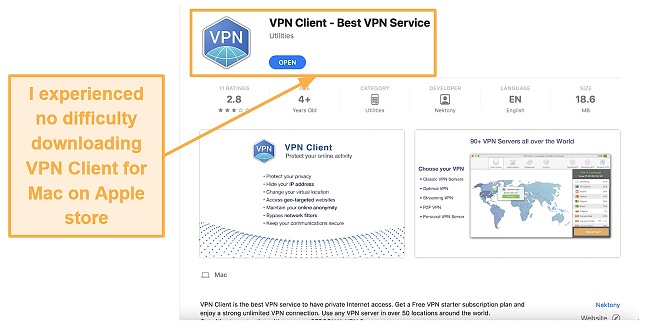 Screenshot of the app store download page for VPN Client