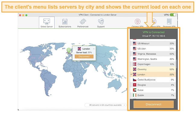Screenshot showing server locations and current load on VPN Client