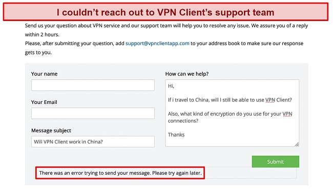 Screenshot of customer support error message