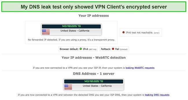 Screenshot of leak test results while using VPN Client for Mac