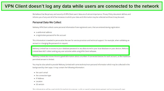 Screenshot of VPN Client's Privacy Policy