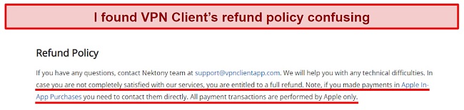 Screenshot of VPN Client's refund policy