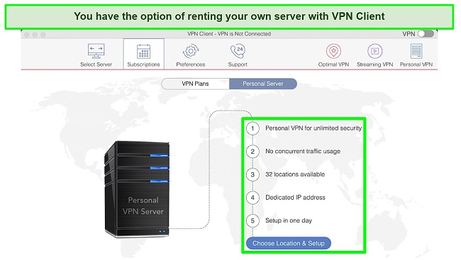 Screenshot showing personal server renting option on VPN Client for Mac
