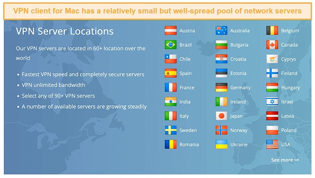 Screenshot of server countries available on VPN Client for Mac