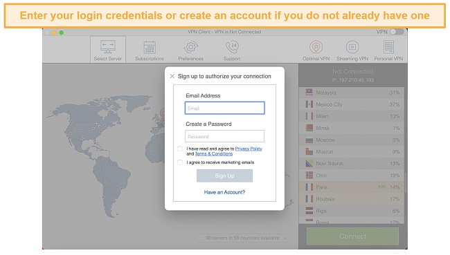 Screenshot of VPN Client account sign-up page