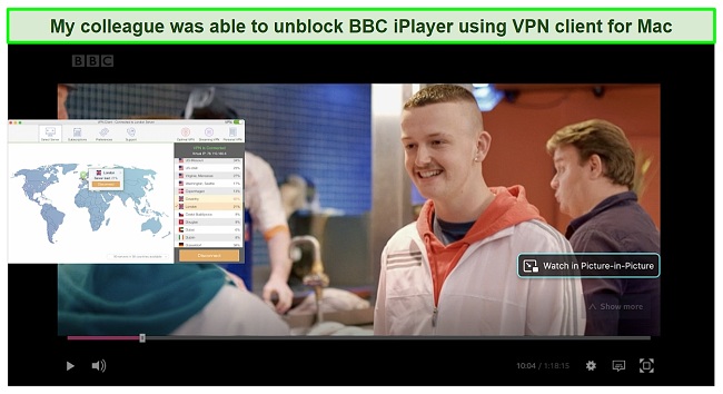 Screenshot of VPN client for Mac unblocking BBC iPlayer
