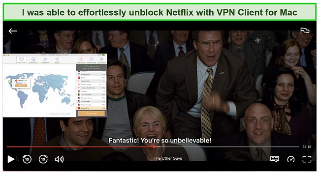 Screenshot of VPN client for Mac unblocking US Netflix