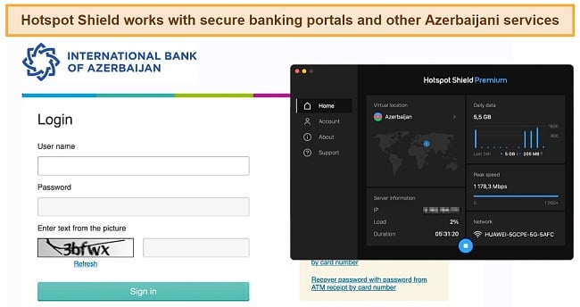Screenshot of Hotspot Shield Premium unblocking International Bank of Azerbaijan banking portal