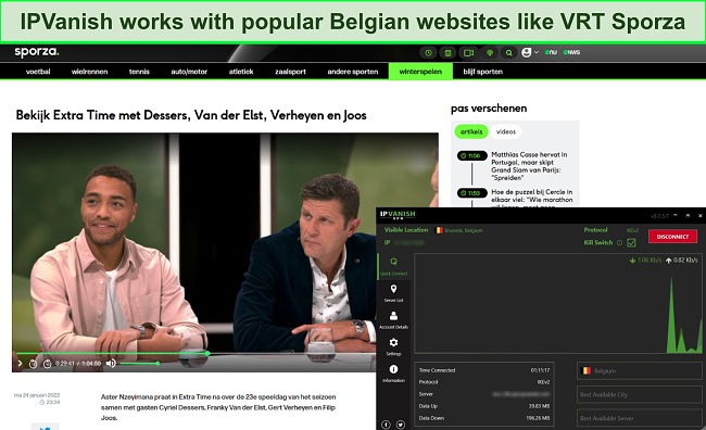Screenshot of IPVanish unblocking VRT Sporza in Belgium