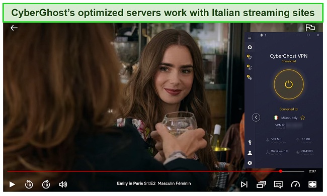 Screenshot of CyberGhost unblocking Emily in Paris on Netflix Italy