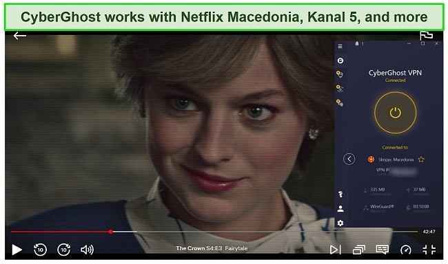 Screenshot of a Netflix Macedonia stream with an active CyberGhost connection