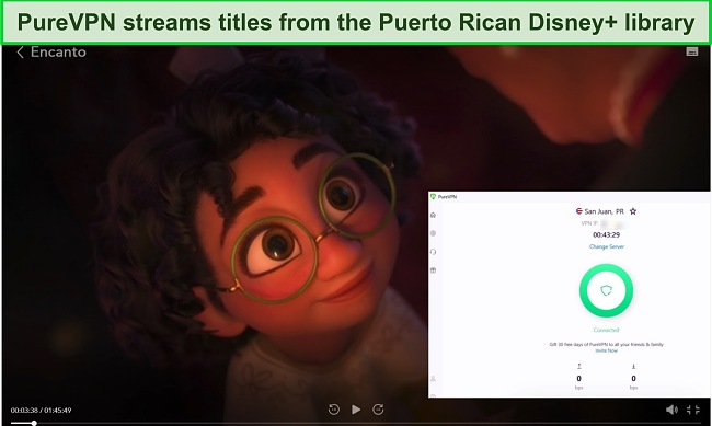 Screenshot of PureVPN unblocking Encanto on Disney+ in Puerto Rico