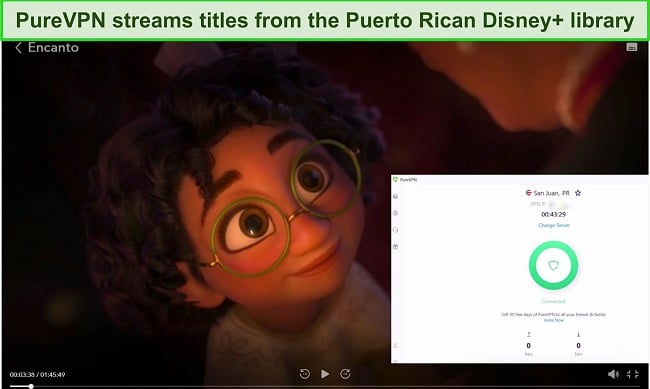 Screenshot of PureVPN unblocking Encanto on Disney+ in Puerto Rico