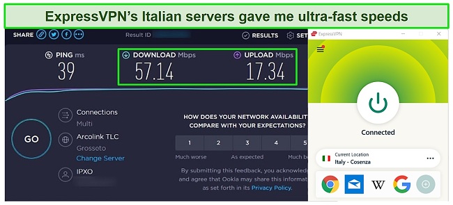 Screenshot of a speed test carried out on ExpressVPN's server in Italy
