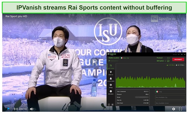 Screenshot of IPVanish unblocking Rai Sports