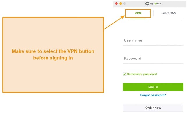 Screenshot of HideIPVPN login page