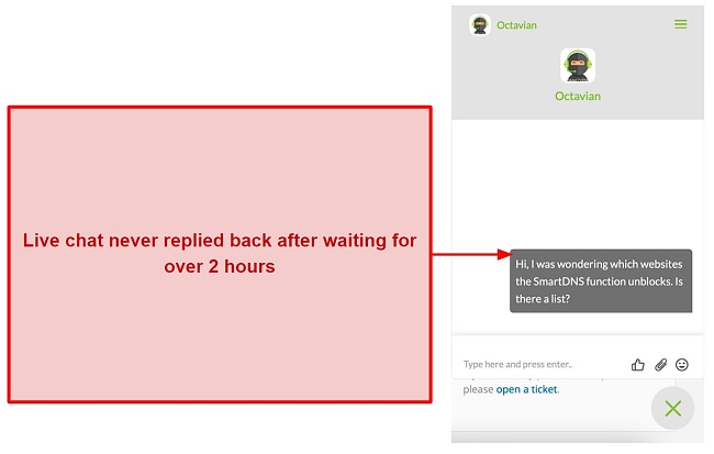 Screenshot of HideIPVPN customer support live chat