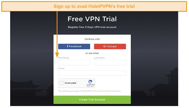 Screenshot of HideIPVPN free trial sign up page