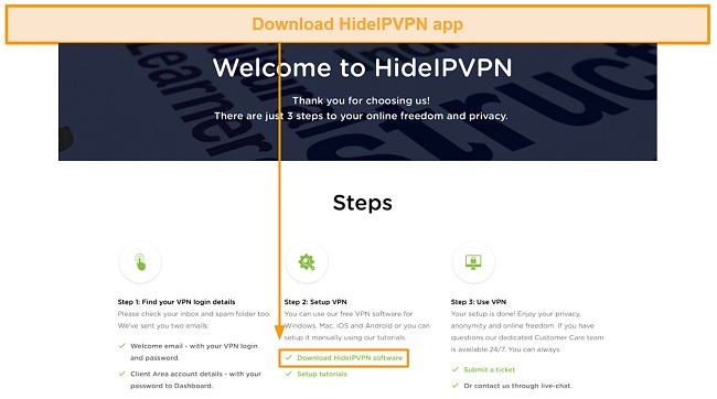 Screenshot of how to use HideIPVPN's free trial in steps