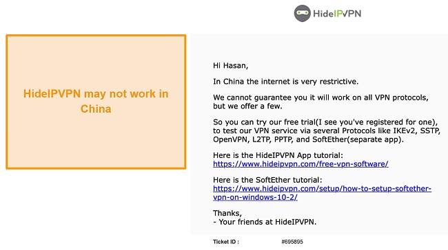 Screenshot of customer support response that HideIPVPN may not work in China.