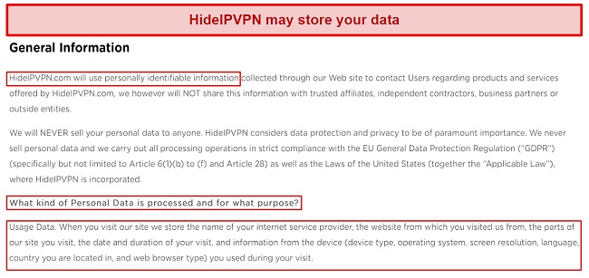 Screenshot of HideIPVPN's privacy policy