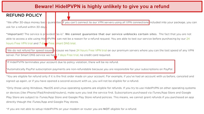 Screenshot of HideIPVPN refund policy