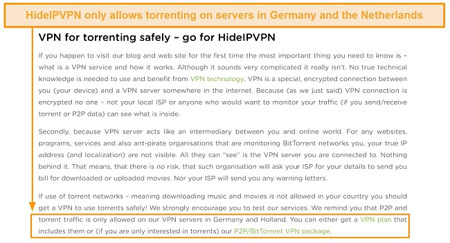 Screenshot of HideIPVPN's torrent-compatible servers