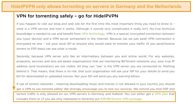 Screenshot of HideIPVPN's torrent-compatible servers