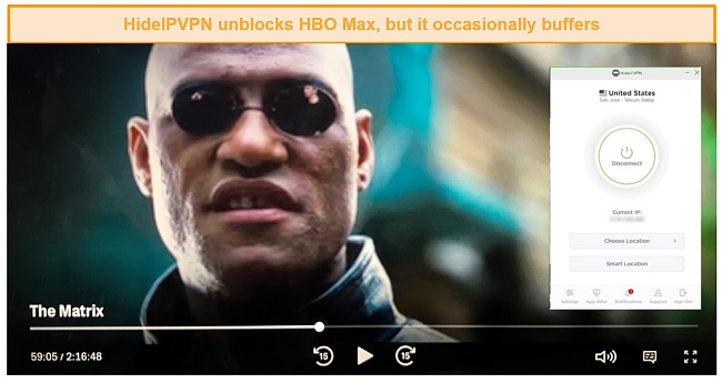 Screenshot of using HideIPVPN to stream HBO Max