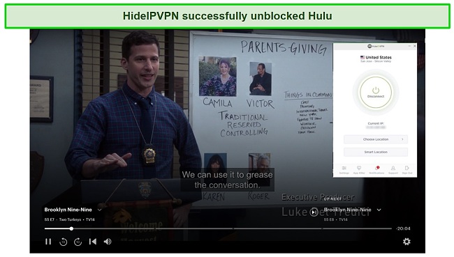 Screenshot of using HideIPVPN to stream Hulu
