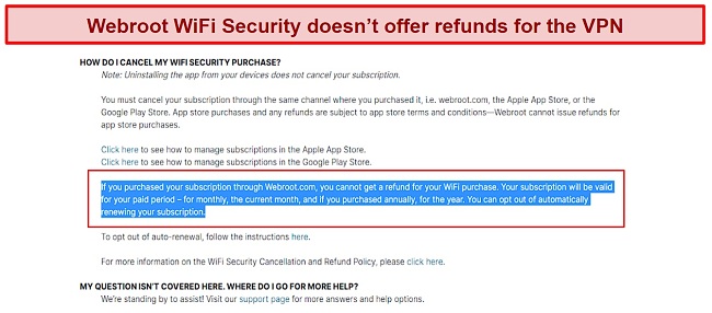 Screenshot of Webroot WiFi's no-refund policy