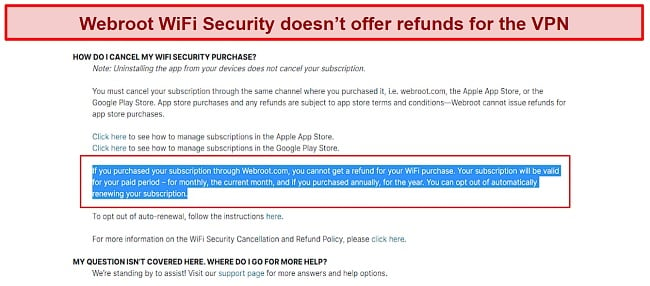 Screenshot of Webroot WiFi's no-refund policy