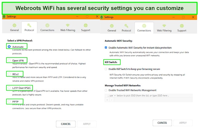 Screenshot of Webroot's security settings menu
