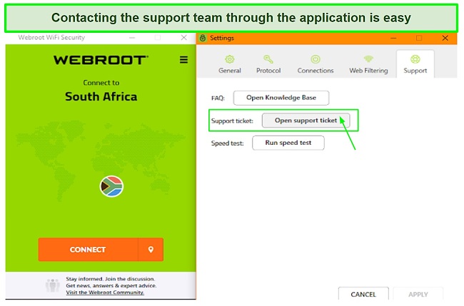 Screenshot of Webroot WiFi's support team option in settings