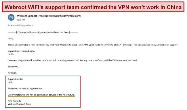 Screenshot of Webroot WiFi's confirming the VPN won't work in China