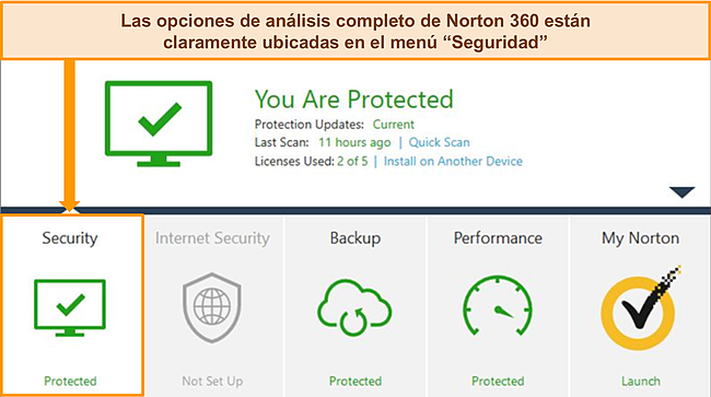 Captura de pantalla de la aplicación de Windows de Norton 360 con las opciones de seguridad resaltadas.