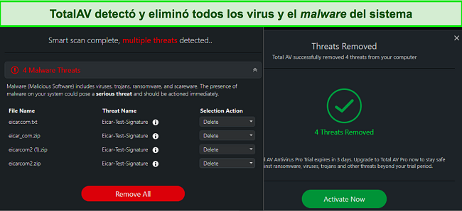 Captura de pantalla de TotalAV eliminando archivos de malware