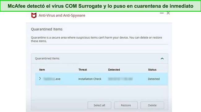 Captura de pantalla que muestra McAfee poniendo en cuarentena un archivo de malware