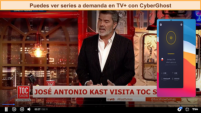 Captura de pantalla de CyberGhost desbloqueando TV+ on-demand.