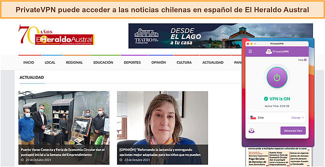 Captura de pantalla de PrivateVPN desbloqueando el nuevo sitio de El Heraldo Austral.