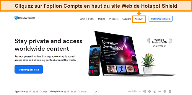 Capture d'&eacute;cran du site Web de Hotspot Shield avec le.