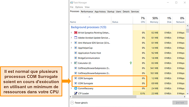 Capture d'écran du gestionnaire de tâches Windows avec 2 processus COM Surrogate mis en surbrillance.