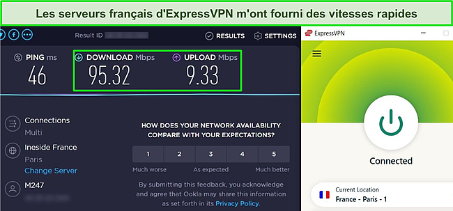 Capture d'écran des tests de vitesse effectués sur un serveur ExpressVPN en France.