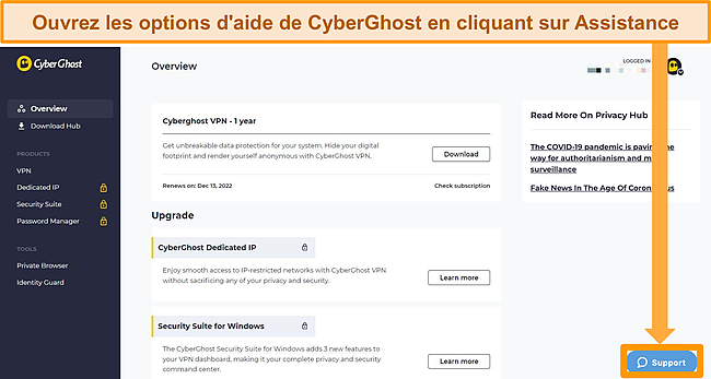 Capture d'écran mettant en évidence le bouton de support client d'un CyberGhost.