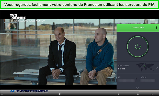 Capture d'écran de PIA débloquant le flux en direct sur TV5 Monde.