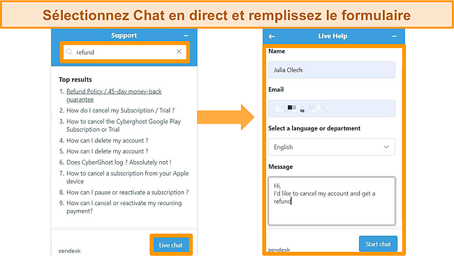 Capture d'écran mettant en évidence le bouton de support client d'un CyberGhost.