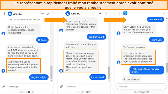 Capture d'&eacute;cran d'un agent de chat en direct traitant un remboursement de service pour Hotspot Shield.