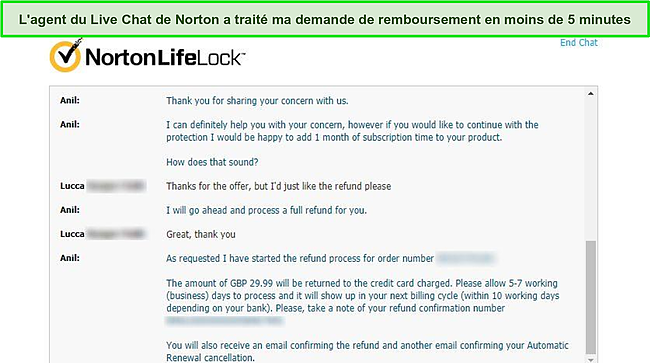 Capture d'écran de l'agent de chat en direct de Norton traitant une demande de remboursement.