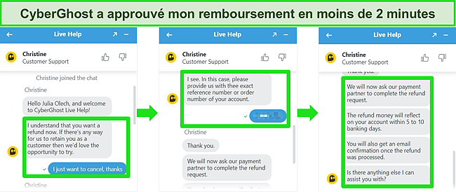 Capture d'écran d'un chat en direct avec un agent CyberGhost mettant en évidence les messages confirmant l'approbation d'un remboursement.