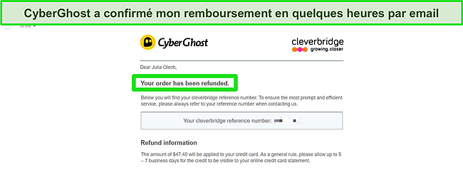 Capture d'écran de l'e-mail de confirmation de remboursement de CyberGhost.